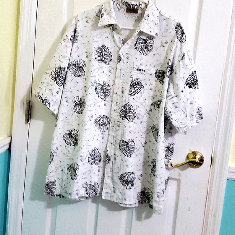 Natural Collection Aruba White Botanical Tropical Cotton Button Up Shirt XXL